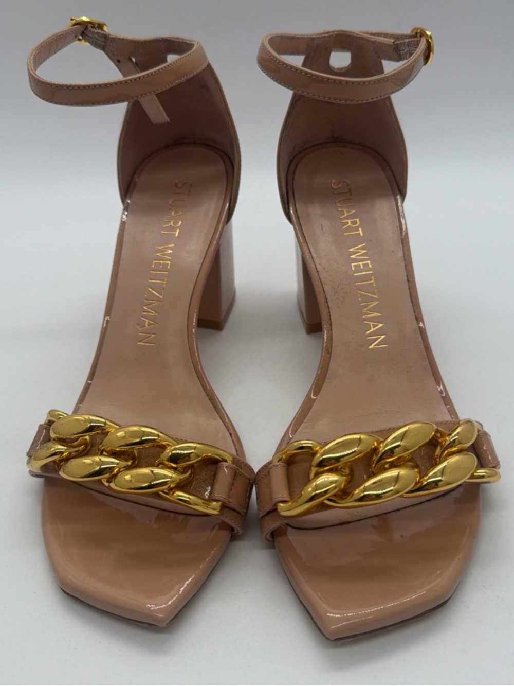 Stuart Weitzman Nude Patent Leather Block Heel Sandals with Gold Chain
